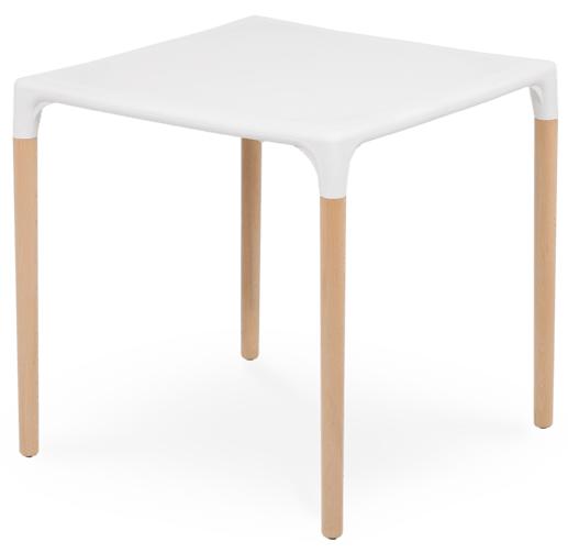 Mesa em plástico, pernas em madeira, para uso interior, proteção contra raios UV, tacos antiderrapantes, reciclável, empilhável. Fabricado em Portugal, Plásticos Joluce.