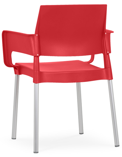 Cadeira com braços em plástico para uso exterior, pernas de alumínio, proteção contra raios UV, reciclável, empilhável. Fabricado em Portugal, Plásticos Joluce.