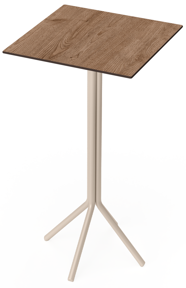 Mesa alta com tampo em madeira compacto, pernas em alumínio, para uso exterior e interior, proteção contra raios UV, tacos antiderrapantes, reciclável. Fabricado em Portugal, Plásticos Joluce.